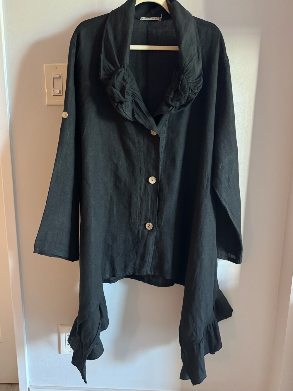Tempo Paris Italian Linen Black Long Ruffle Asymmetrical Trim Cardigan Jacket L - Picture 2 of 12
